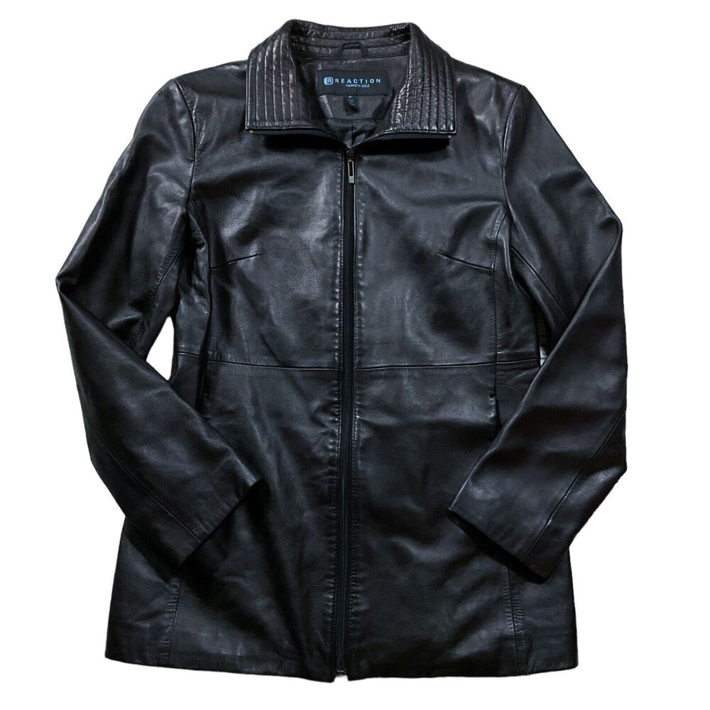Kenneth Cole Reaction Womens Jacket size M Medium Black Leather Zip Front Lined